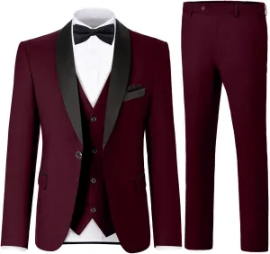 Men's 3 Piece Slim Fit Suit One Button Shawl Lapel Jacket Vest Pants Tuxedo Set with Bow Tie Pocket Square