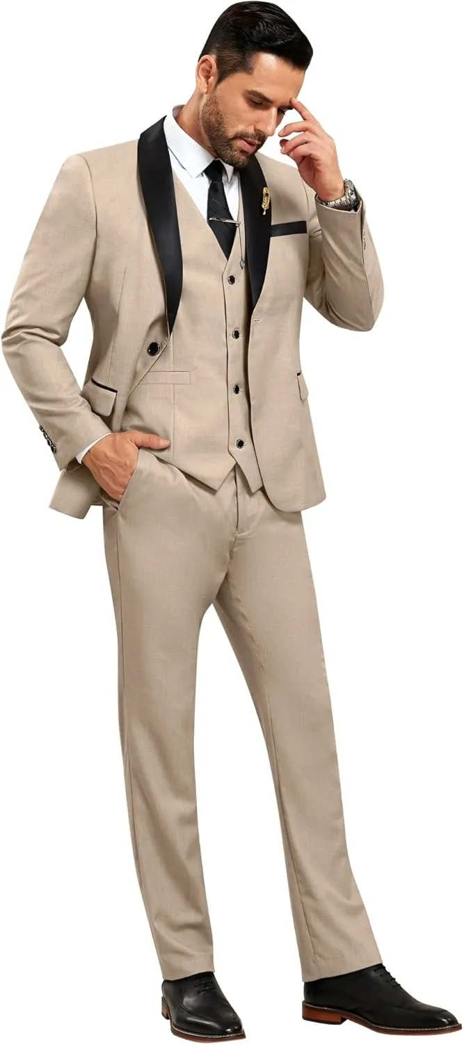 Men's 3 Piece Slim Fit Suit One Button Shawl Lapel Jacket Vest Pants Tuxedo Set with Bow Tie Pocket Square
