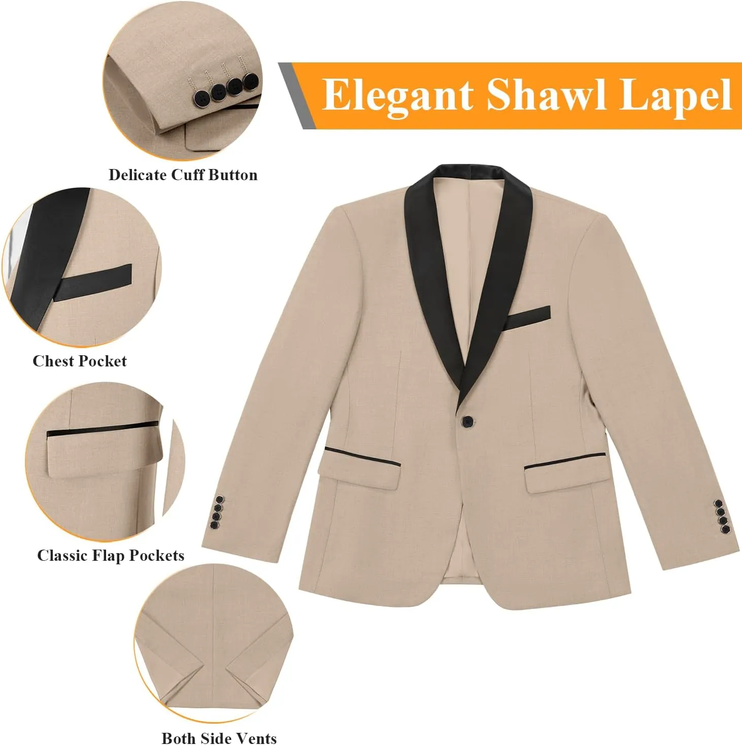 Men's 3 Piece Slim Fit Suit One Button Shawl Lapel Jacket Vest Pants Tuxedo Set with Bow Tie Pocket Square