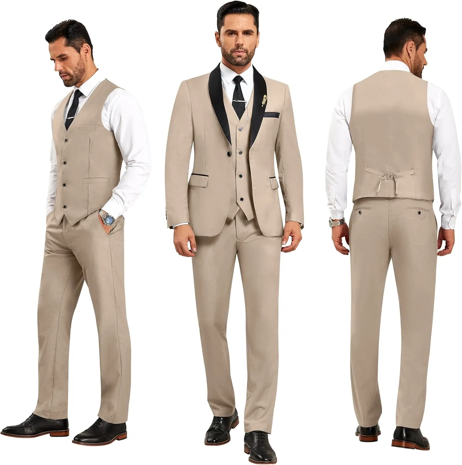 Men's 3 Piece Slim Fit Suit One Button Shawl Lapel Jacket Vest Pants Tuxedo Set with Bow Tie Pocket Square