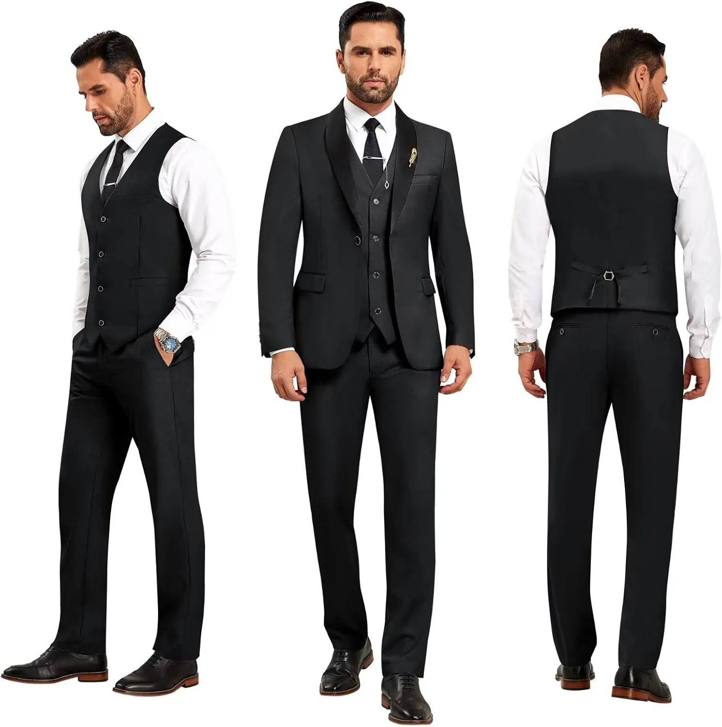 Men's 3 Piece Slim Fit Suit One Button Shawl Lapel Jacket Vest Pants Tuxedo Set with Bow Tie Pocket Square
