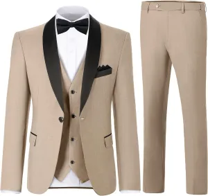 Men's 3 Piece Slim Fit Suit One Button Shawl Lapel Jacket Vest Pants Tuxedo Set with Bow Tie Pocket Square