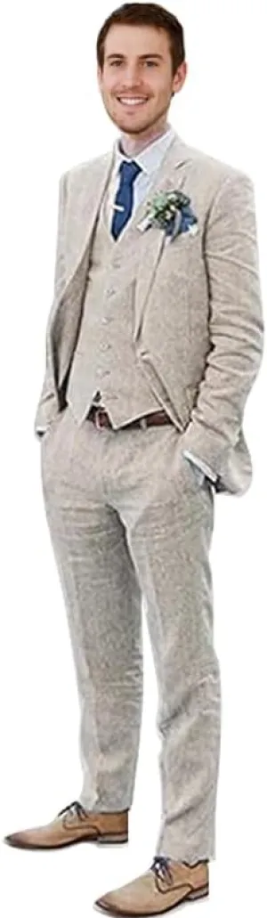 Men's 3 Pieces Linen Suit Set Beach Wedding Blazer Vest Pants Set Casual Lightweight Summer Slim Fit Tuxedo Suit