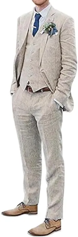 Men's 3 Pieces Linen Suit Set Beach Wedding Blazer Vest Pants Set Casual Lightweight Summer Slim Fit Tuxedo Suit