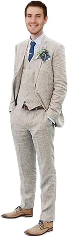 Men's 3 Pieces Linen Suit Set Beach Wedding Blazer Vest Pants Set Casual Lightweight Summer Slim Fit Tuxedo Suit