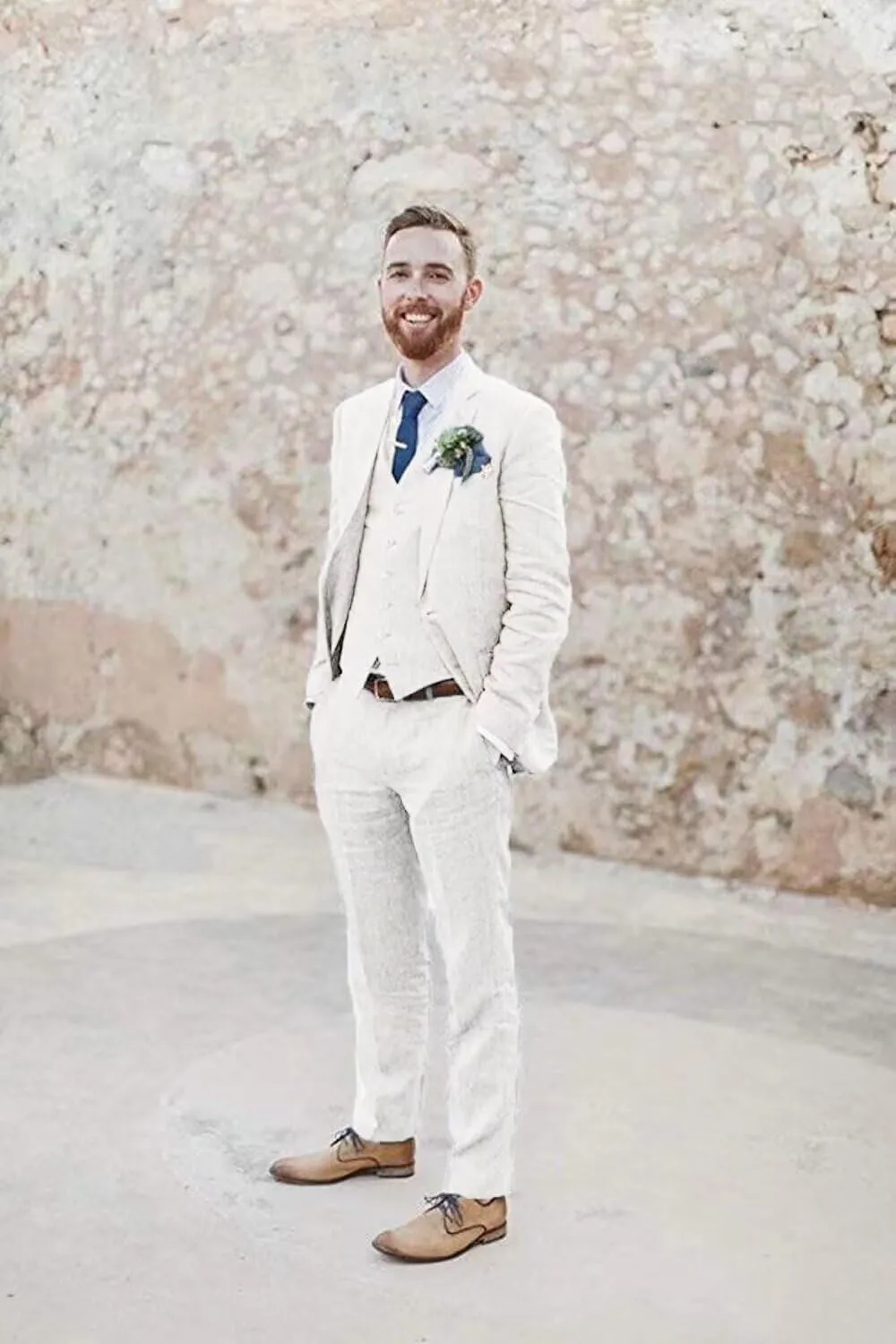 Mens 3 Pieces Summer Linen Suit Beach Wedding Suits Slim Fit Casual Linen Lightweight Suits Jacket Blazer Vest Pants