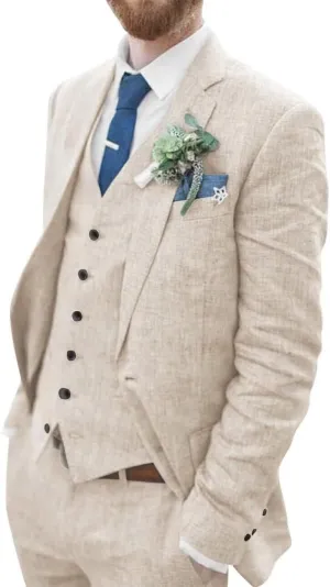 Mens 3 Pieces Summer Linen Suit Beach Wedding Suits Slim Fit Casual Linen Lightweight Suits Jacket Blazer Vest Pants