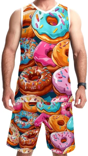 Mens Basketball Suit with Pockets Sportswear for Men Teenager Team Uniform Colorful Sweet Donuts -5XL