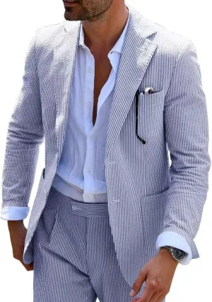 Mens Blue Seersucker Summer Suits Grooms Sear Sucker Suit for Wedding Mens Formal Suits Slim Fit