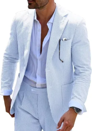 Mens Blue Seersucker Summer Suits Grooms Sear Sucker Suit for Wedding Mens Formal Suits Slim Fit