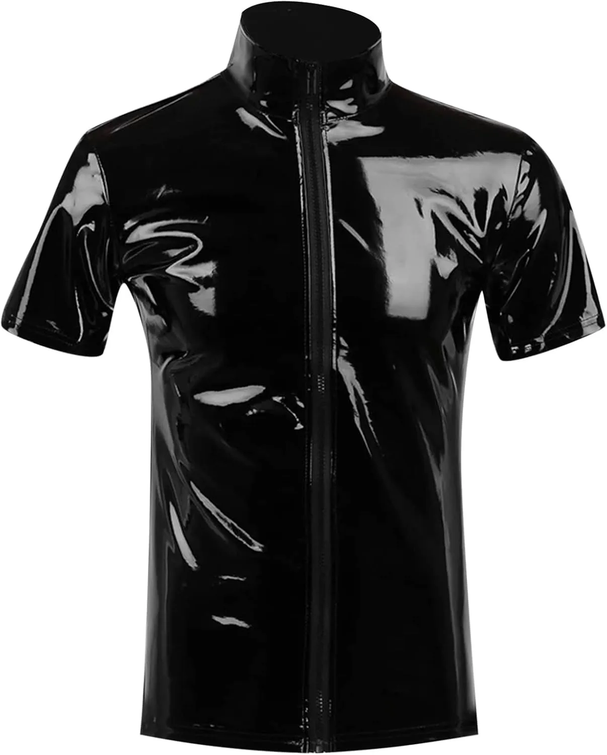 Mens Fashion Casual Solid Color Leather Sexy Coat Sexy Leather Coat Clothes Short Sleeve Zipper Mesh Lingerie