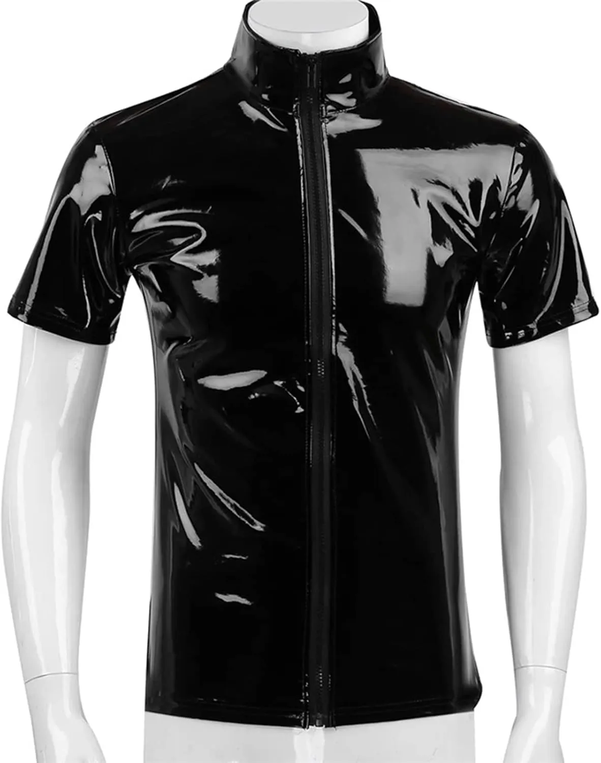 Mens Fashion Casual Solid Color Leather Sexy Coat Sexy Leather Coat Clothes Short Sleeve Zipper Mesh Lingerie