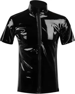Mens Fashion Casual Solid Color Leather Sexy Coat Sexy Leather Coat Clothes Short Sleeve Zipper Mesh Lingerie