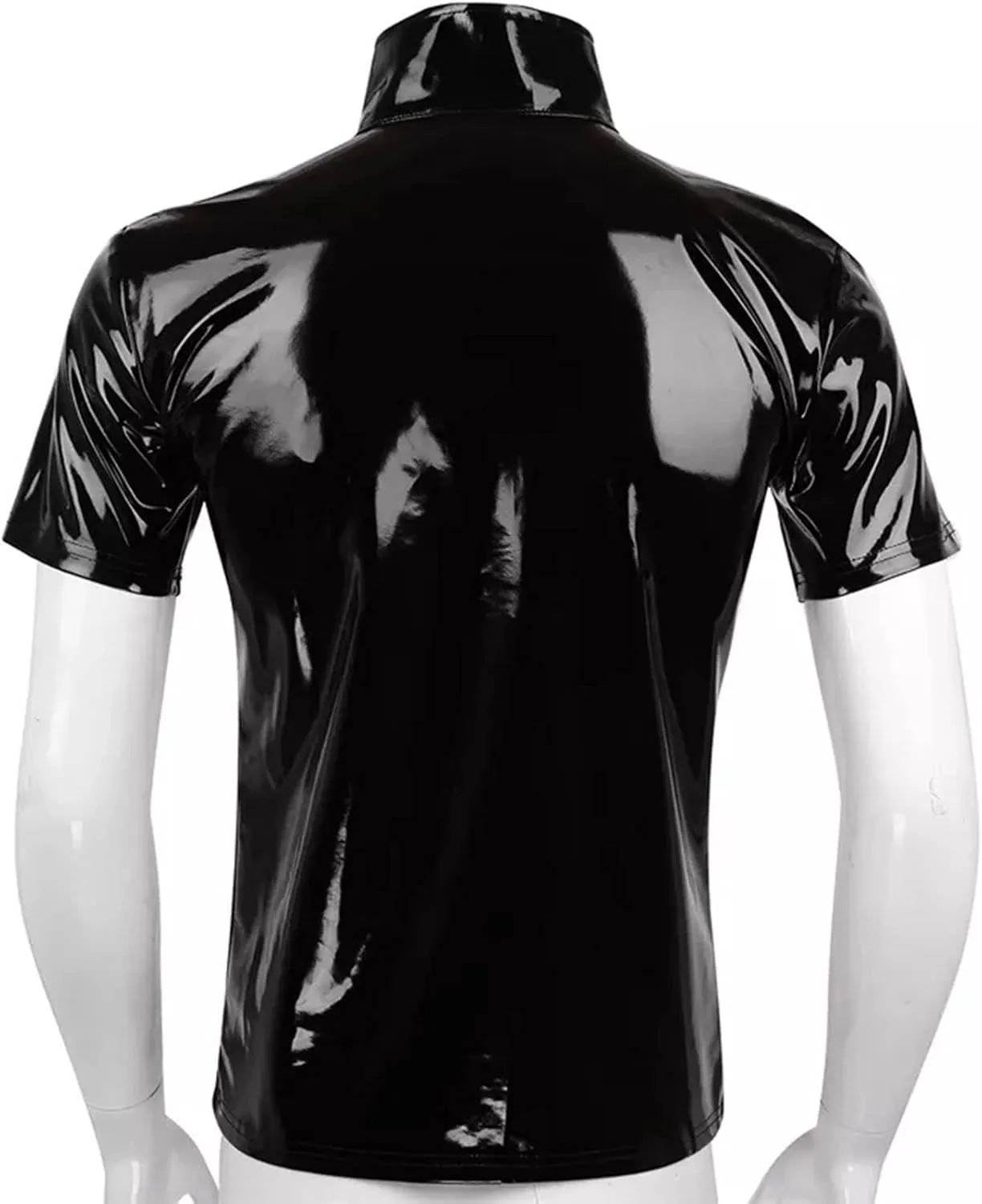 Mens Fashion Casual Solid Color Leather Sexy Coat Sexy Leather Coat Clothes Short Sleeve Zipper Mesh Lingerie