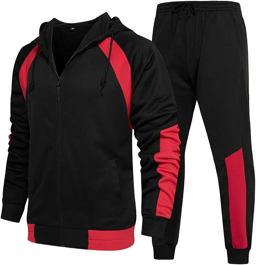 Men's Hooded Athletic Tracksuit Sweatsuit Long Sleeve Full-Zip Jogging Sweatpants 2 Piece Patchwork Sportsuits