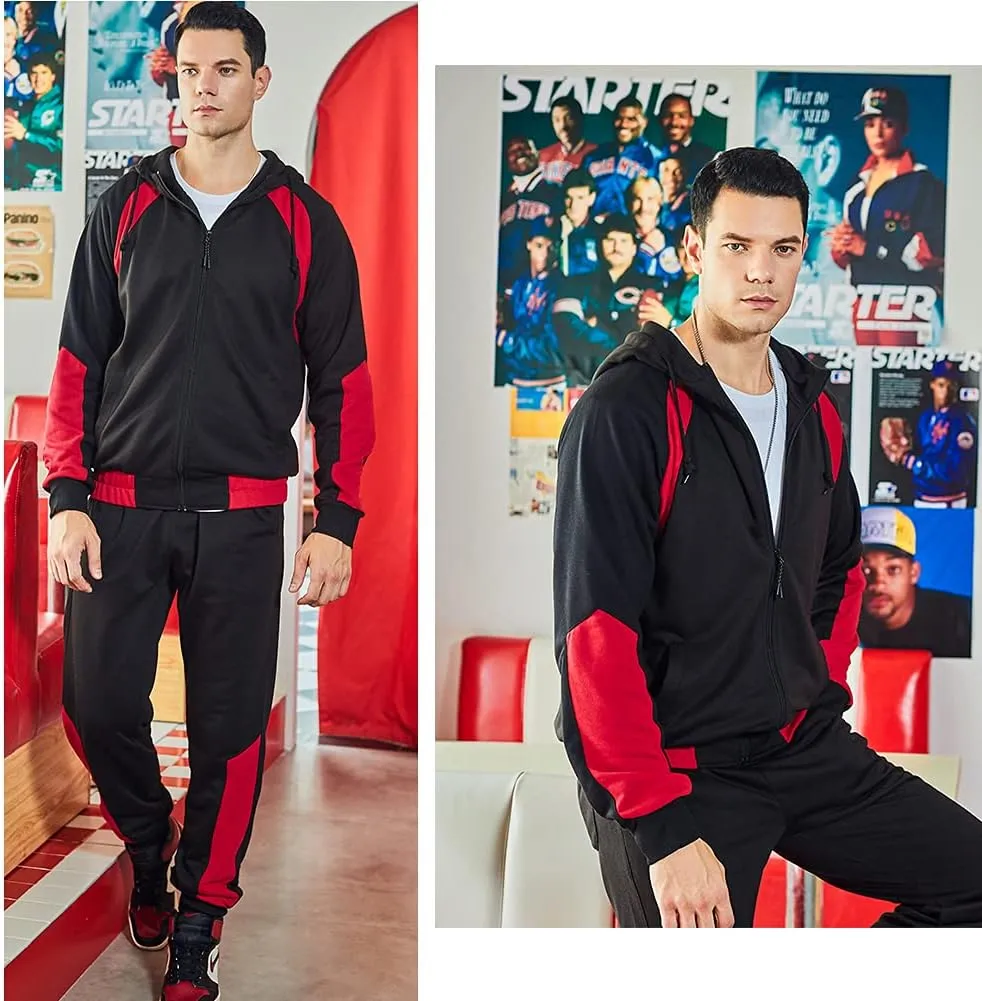 Men's Hooded Athletic Tracksuit Sweatsuit Long Sleeve Full-Zip Jogging Sweatpants 2 Piece Patchwork Sportsuits