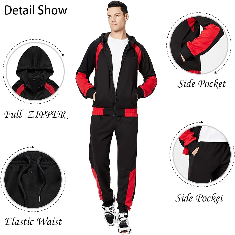 Men's Hooded Athletic Tracksuit Sweatsuit Long Sleeve Full-Zip Jogging Sweatpants 2 Piece Patchwork Sportsuits