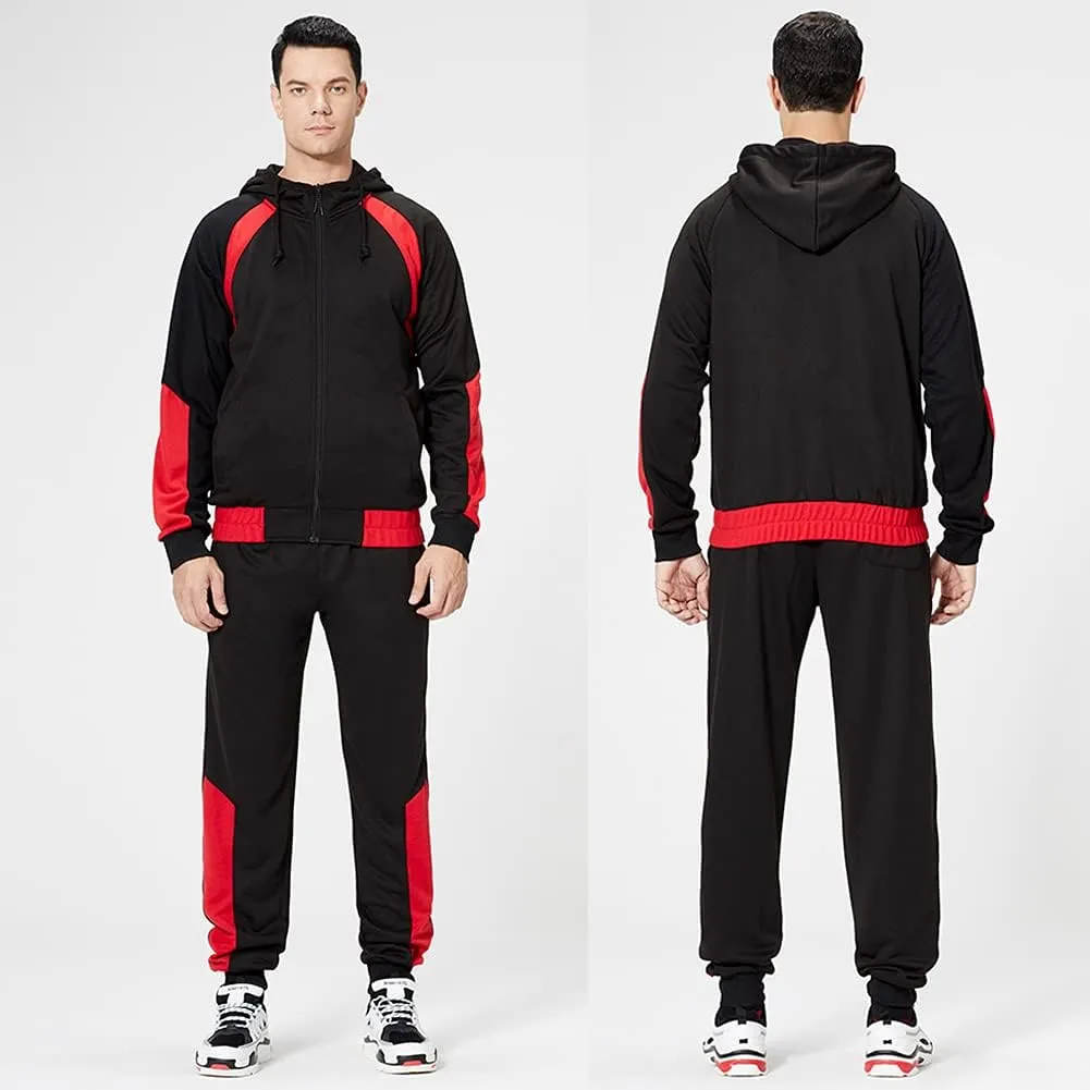 Men's Hooded Athletic Tracksuit Sweatsuit Long Sleeve Full-Zip Jogging Sweatpants 2 Piece Patchwork Sportsuits