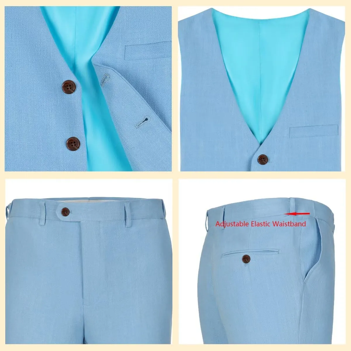 Men's Linen 2 Piece Suit Slim Fit Wedding Groomsmen Tuxedos Summer Beach Prom Vest Pants Set