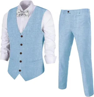 Men's Linen 2 Piece Suit Slim Fit Wedding Groomsmen Tuxedos Summer Beach Prom Vest Pants Set