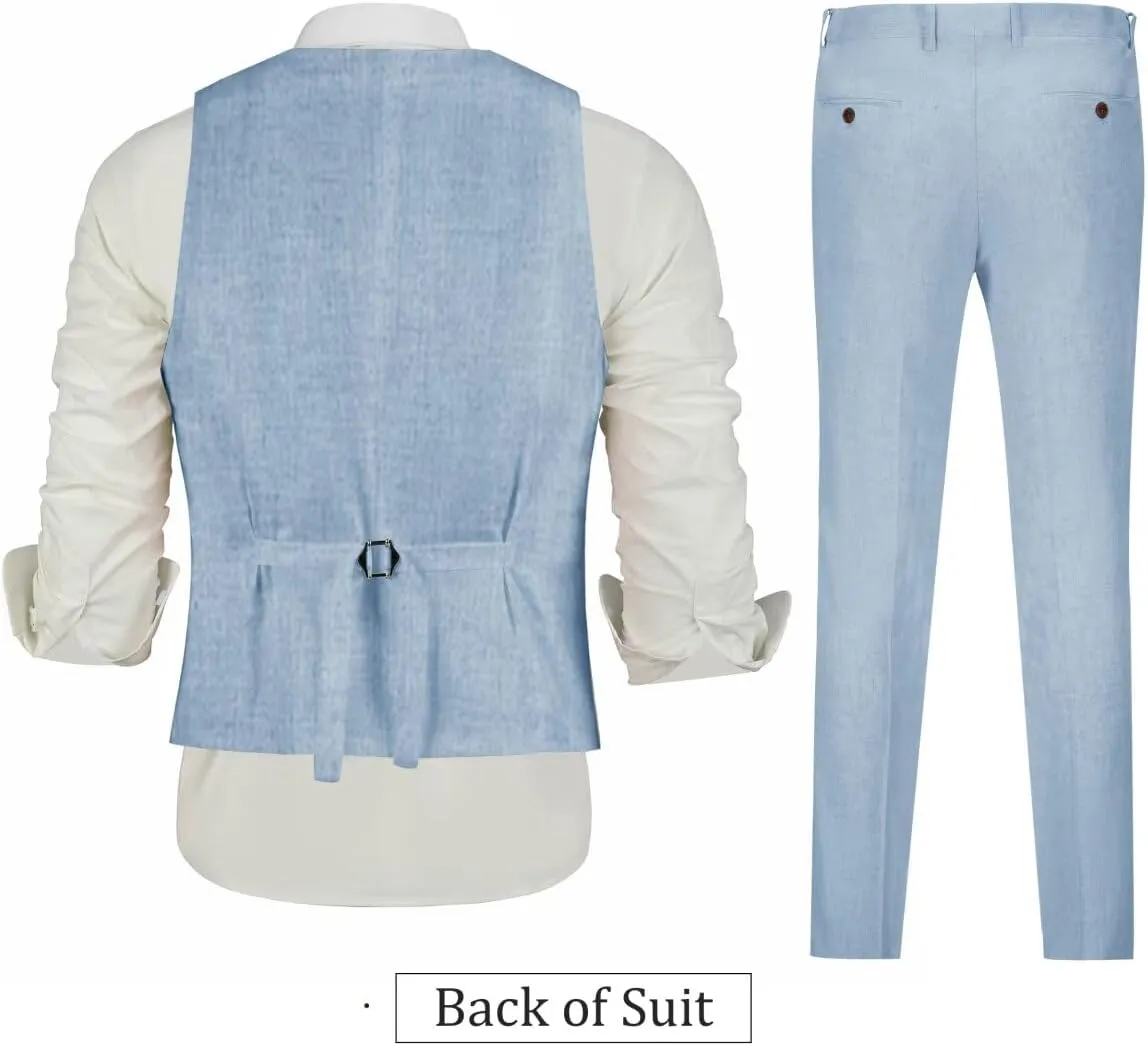 Men's Linen 2 Piece Suit Slim Fit Wedding Groomsmen Tuxedos Summer Beach Prom Vest Pants Set