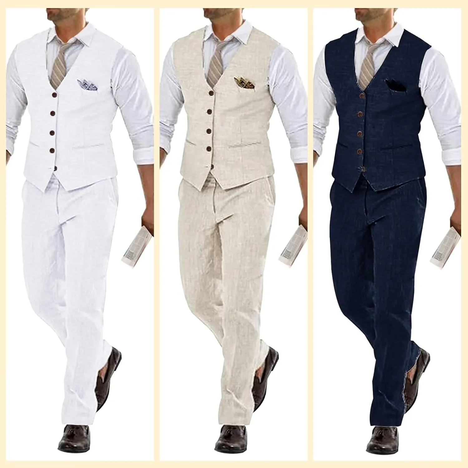 Men's Linen 2 Piece Suit Slim Fit Wedding Groomsmen Tuxedos Summer Beach Prom Vest Pants Set