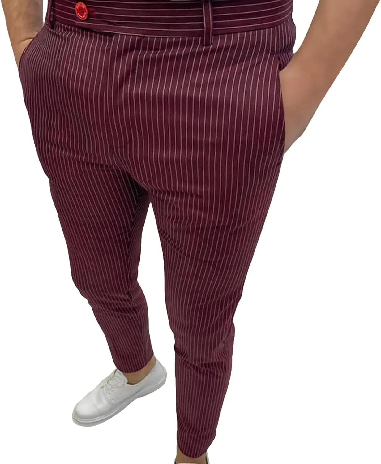 Men's Stretch Stripe Dress Pants Business Flat Front Golf Long Pant Classic Slim Fit Tapered Chino Trousers