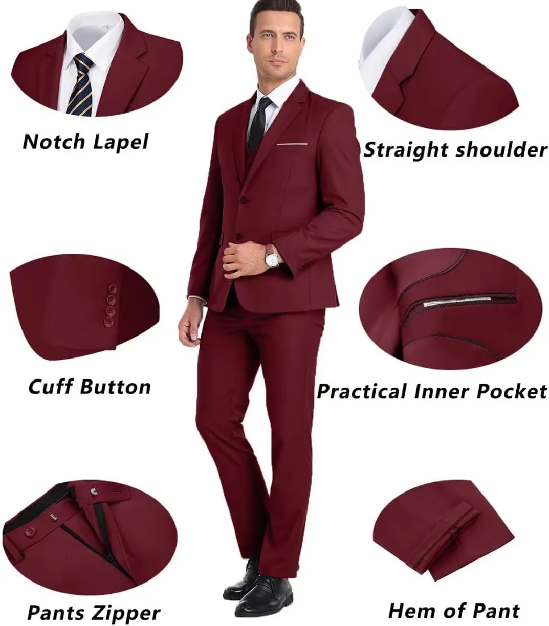 Men's Suit Slim Fit 3 Piece Wedding Dress Tux Suit Set Two Buttons Business Suits Blazer Jacket Vest Pants with Tie