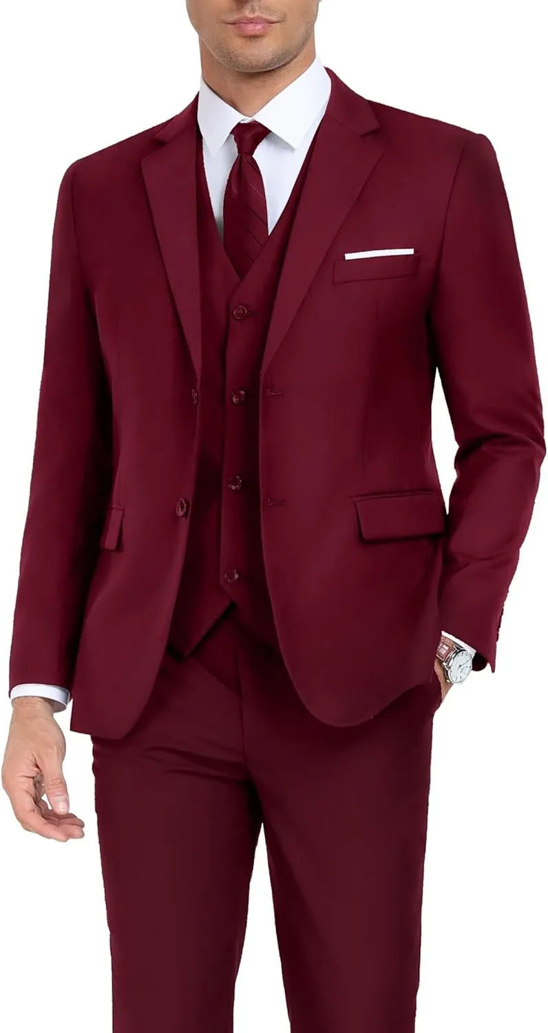 Men's Suit Slim Fit 3 Piece Wedding Dress Tux Suit Set Two Buttons Business Suits Blazer Jacket Vest Pants with Tie
