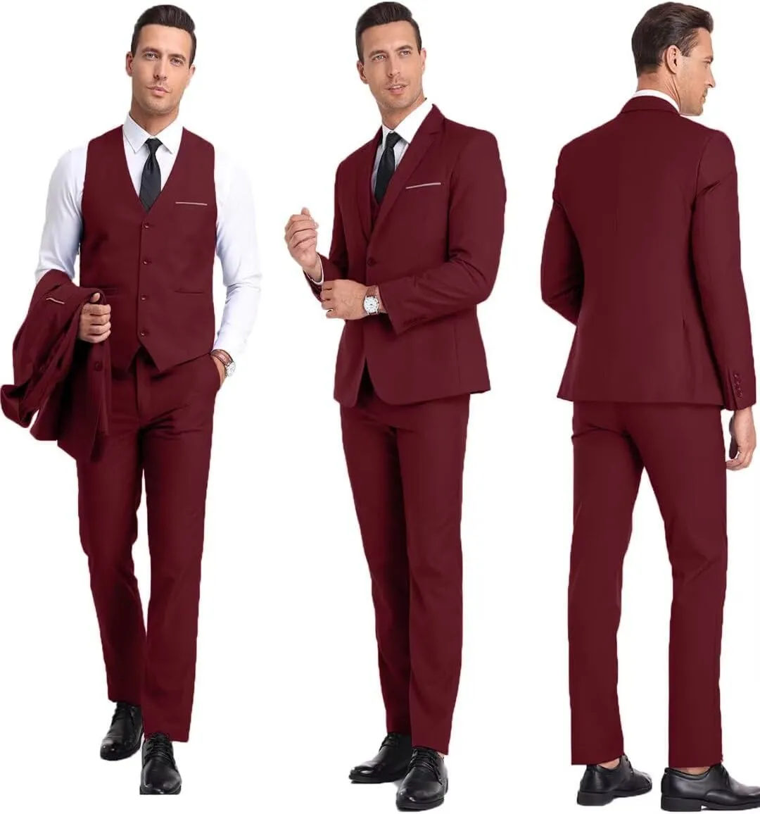 Men's Suit Slim Fit 3 Piece Wedding Dress Tux Suit Set Two Buttons Business Suits Blazer Jacket Vest Pants with Tie