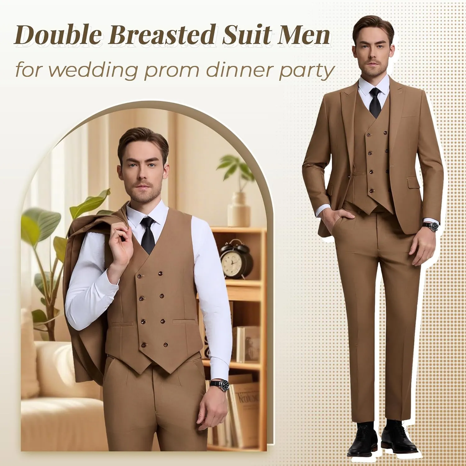 Mens Suit Slim Fit Solid Suit Jacket Double Breasted Vest and Dress Pants 3 Piece Set Prom Wedding Suits for Men