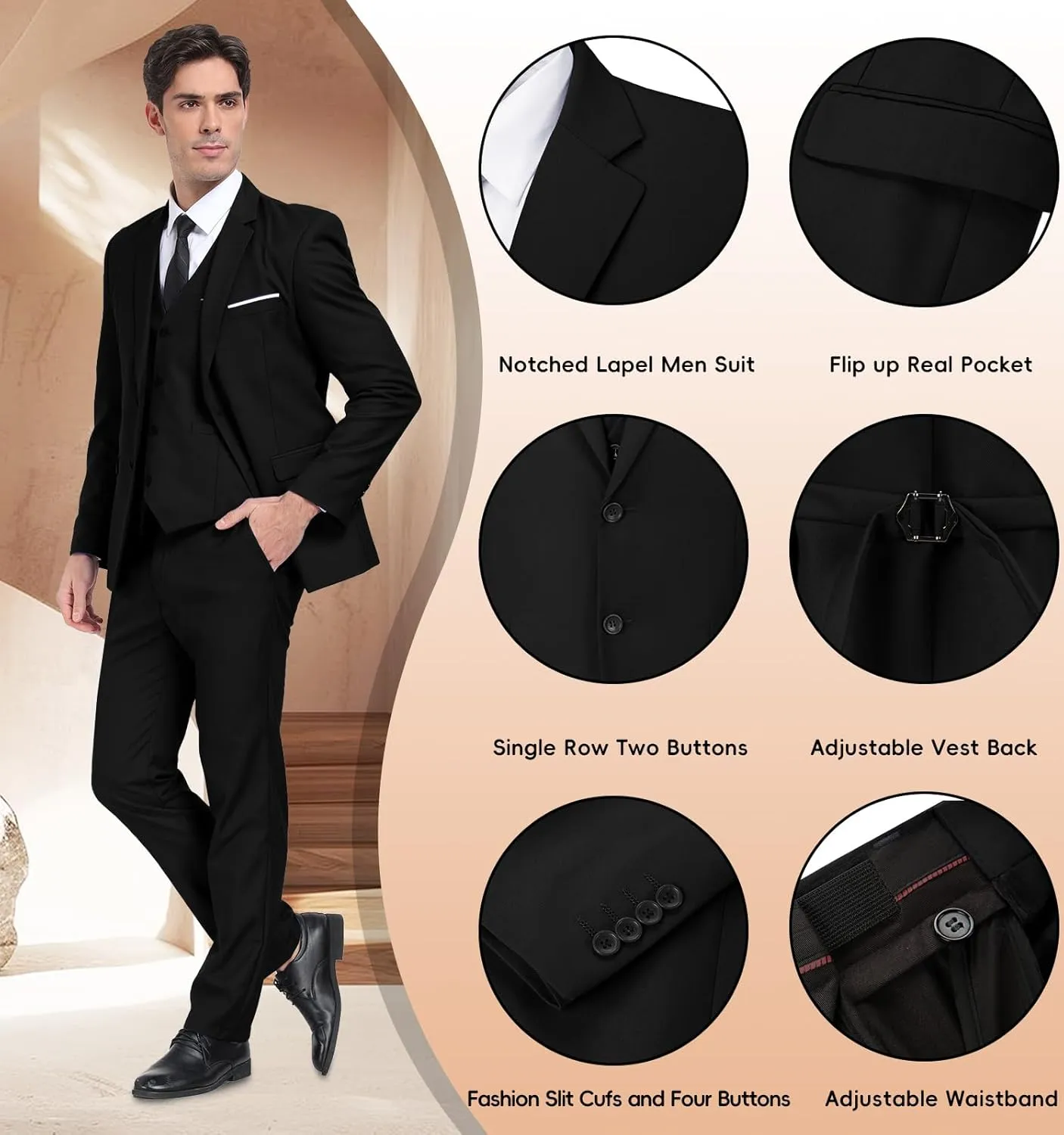 Mens Suits 3 Pieces 2 Button Slim Fit Suit Tuxedo Prom Formal Jacket Blazer Vest Pants with Tie