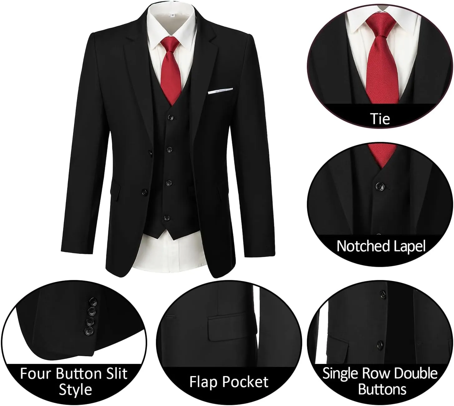Mens Suits 3 Pieces 2 Button Slim Fit Suit Tuxedo Prom Formal Jacket Blazer Vest Pants with Tie