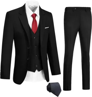 Mens Suits 3 Pieces 2 Button Slim Fit Suit Tuxedo Prom Formal Jacket Blazer Vest Pants with Tie