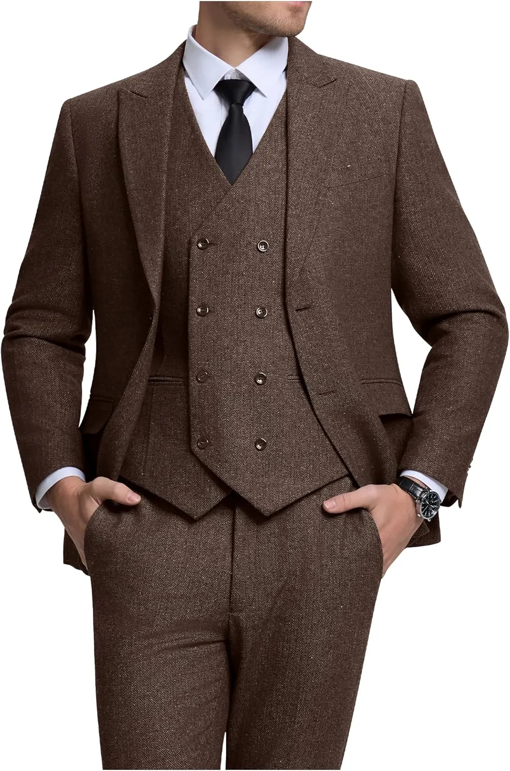 Men's Suits Herringbone Tweed Suits for Men Retro 3 Piece Peak Lapel Blazer Wedding Prom Suit Jacket Vest Pants Set
