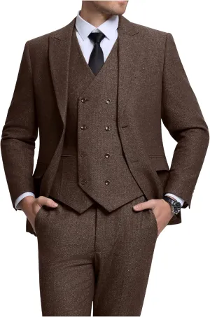 Men's Suits Herringbone Tweed Suits for Men Retro 3 Piece Peak Lapel Blazer Wedding Prom Suit Jacket Vest Pants Set
