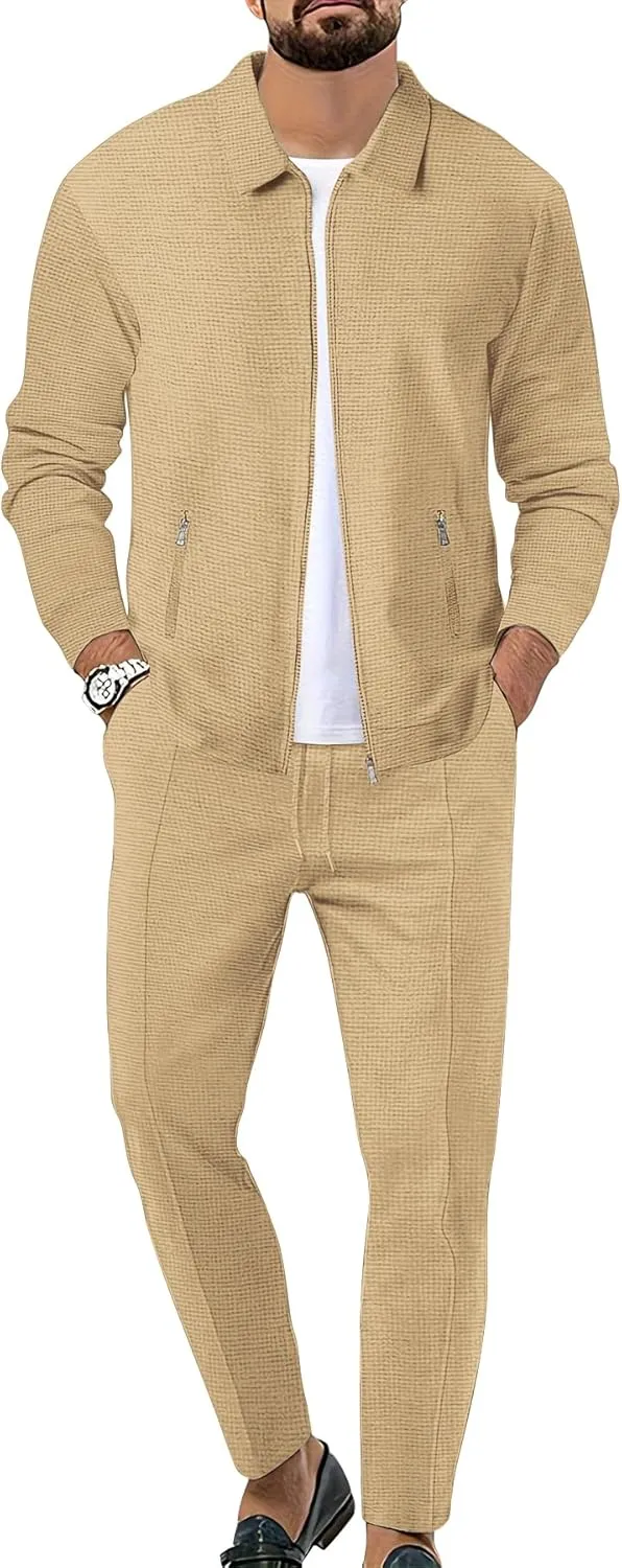 Men's Waffle Tracksuit 2 Pieces Set Casual Long Sleeve Zip Up Sweatsuits Solid Athletic Jogging Suit Sets
