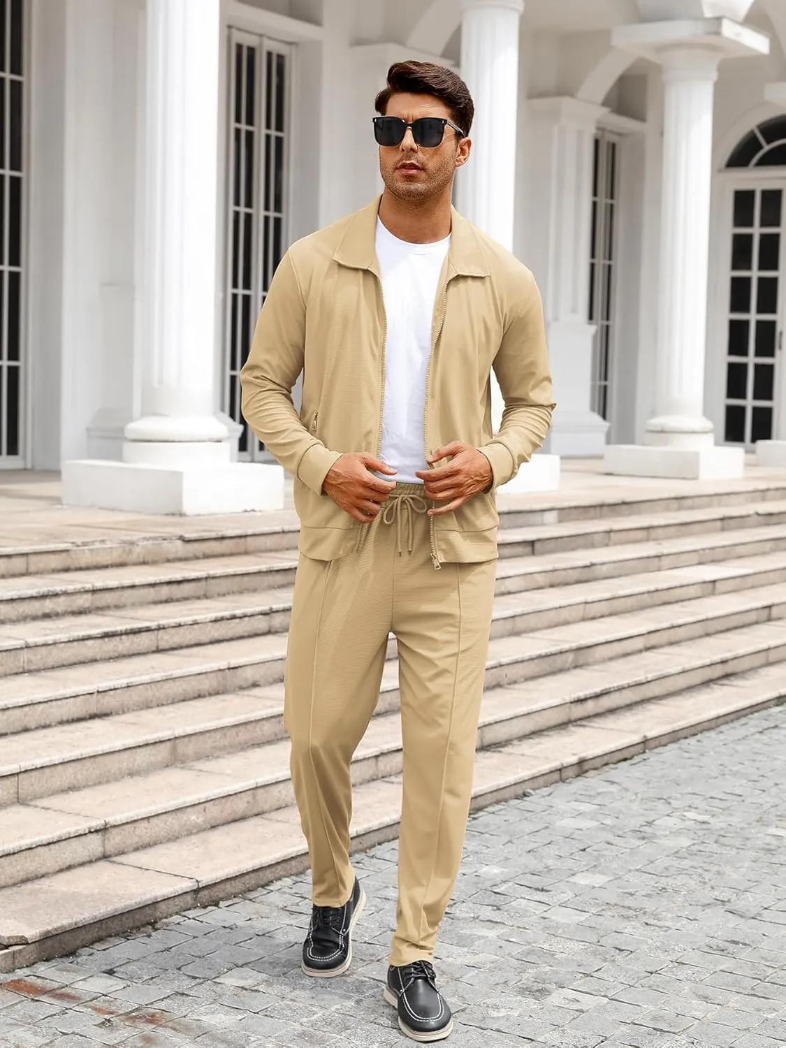 Men's Waffle Tracksuit 2 Pieces Set Casual Long Sleeve Zip Up Sweatsuits Solid Athletic Jogging Suit Sets