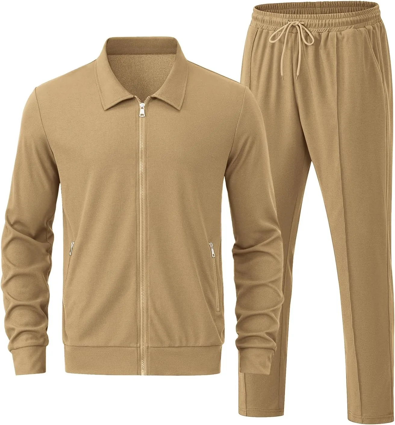 Men's Waffle Tracksuit 2 Pieces Set Casual Long Sleeve Zip Up Sweatsuits Solid Athletic Jogging Suit Sets