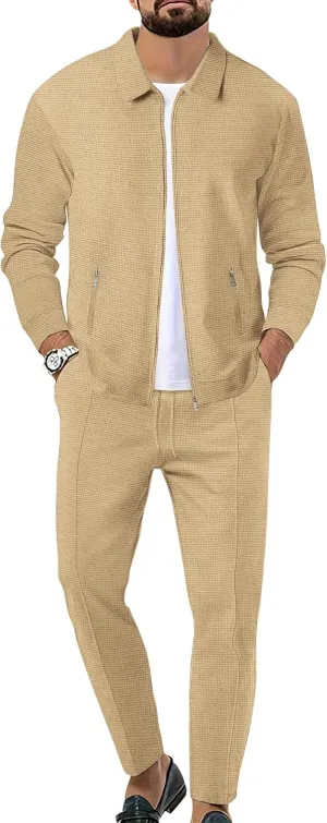 Men's Waffle Tracksuit 2 Pieces Set Casual Long Sleeve Zip Up Sweatsuits Solid Athletic Jogging Suit Sets