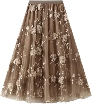 Mesh Skirt for Women Embroidery High Waist Pleated A-Line Midi Skirt