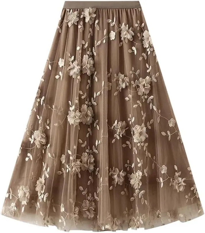 Mesh Skirt for Women Embroidery High Waist Pleated A-Line Midi Skirt
