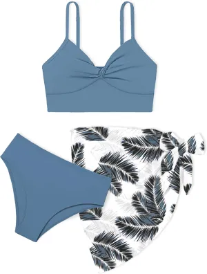 MIGU Girls Swimsuit Bathing Suit Solid Color Twist Cross Tropical Floral 3 Piece Girls' Swimwear Bikini with Cover Up 9-16T