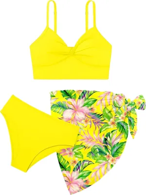 MIGU Girls Swimsuit Bathing Suit Solid Color Twist Cross Tropical Floral 3 Piece Girls' Swimwear Bikini with Cover Up 9-16T