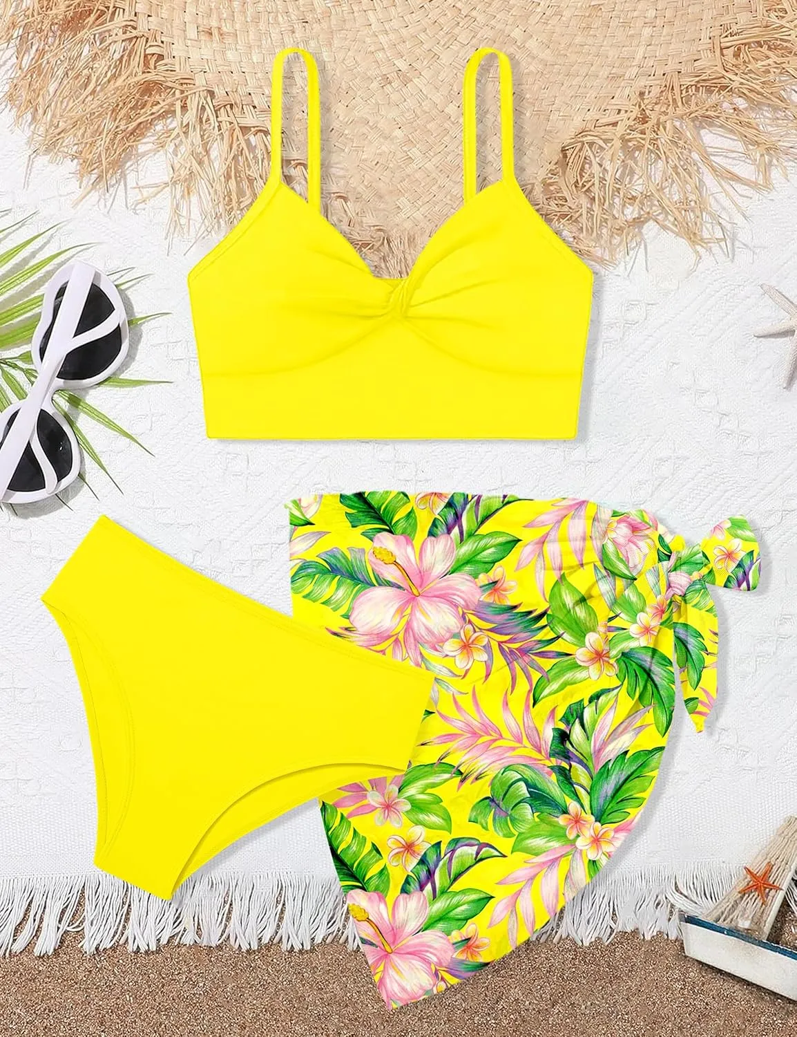 MIGU Girls Swimsuit Bathing Suit Solid Color Twist Cross Tropical Floral 3 Piece Girls' Swimwear Bikini with Cover Up 9-16T