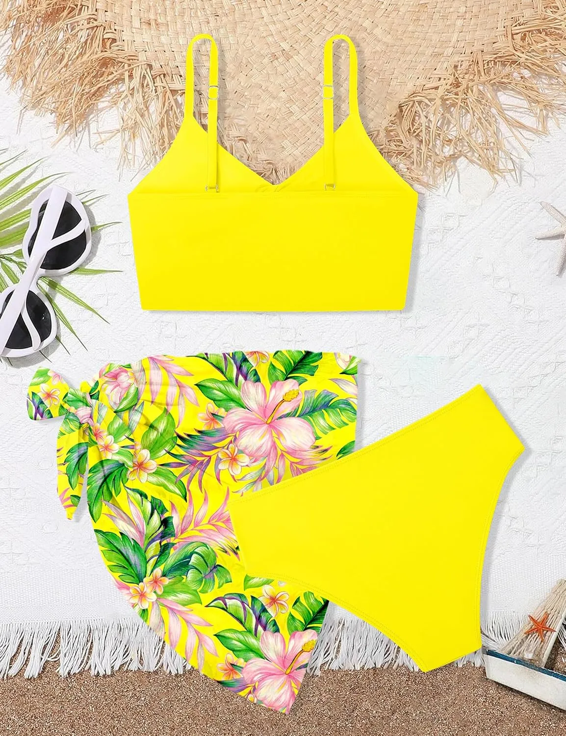 MIGU Girls Swimsuit Bathing Suit Solid Color Twist Cross Tropical Floral 3 Piece Girls' Swimwear Bikini with Cover Up 9-16T