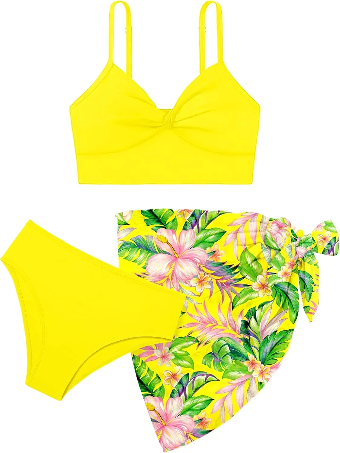 MIGU Girls Swimsuit Bathing Suit Solid Color Twist Cross Tropical Floral 3 Piece Girls' Swimwear Bikini with Cover Up 9-16T