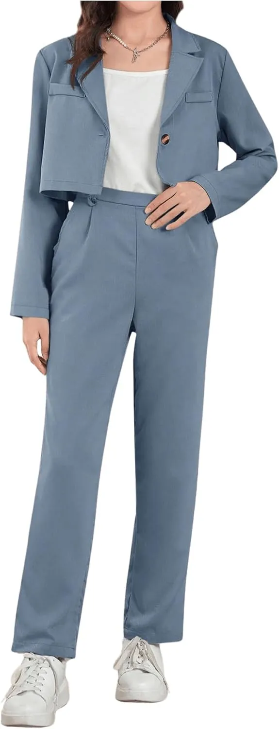 Milumia Girl's 2 Piece Outfits Long Sleeve Crop Blazer Jacket and Pants