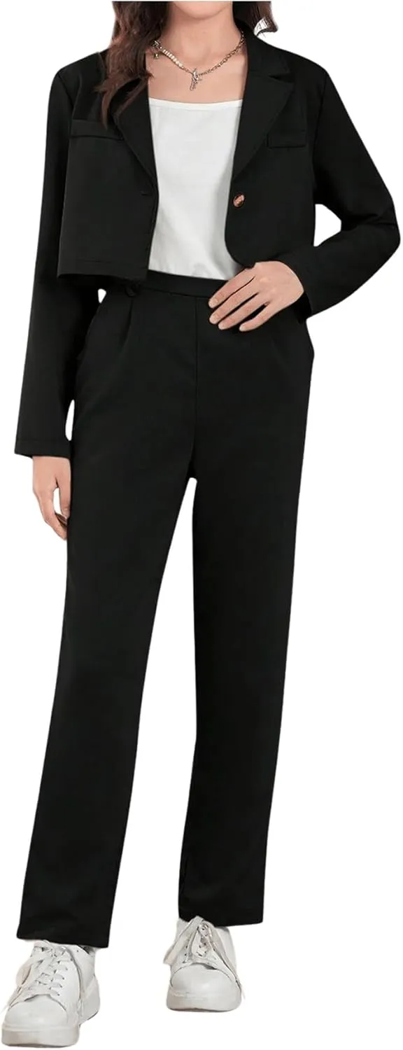Milumia Girl's 2 Piece Outfits Long Sleeve Crop Blazer Jacket and Pants