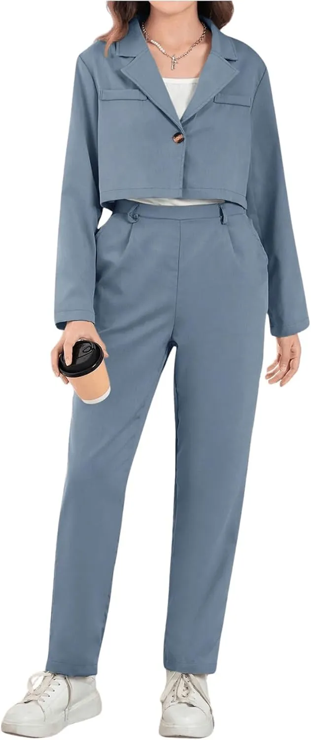 Milumia Girl's 2 Piece Outfits Long Sleeve Crop Blazer Jacket and Pants